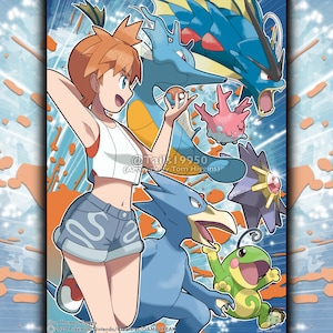 Könnte beinhalten: Eine farbenfrohe Illustration mit einer weiblichen Figur mit orangefarbenem Haar und einem weißen Tanktop, umgeben von verschiedenen blauen, grünen und rosa Pokémon-Charakteren. Der Hintergrund ist ein Mix aus blauen und orangen Spritzern.