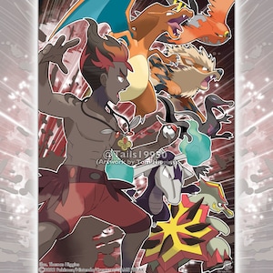 May include: A digital illustration of a man with a red and black outfit, surrounded by various Pokemon characters. The Pokemon include Charizard, Arcanine, a Dragonite, a Tyranitar, and a Golem. The text "Tails19950 (Artwork by Tom Higgins)" is in the lower right corner of the image.