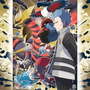 Puede incluir: Una ilustración digital de un personaje de la serie de videojuegos Pokémon. El personaje está de pie frente a un grupo de Pokémon, incluyendo un Tyranitar, un Honchkrow, un Houndoom, un Mawile y un Gyarados. El personaje lleva una chaqueta blanca con detalles negros y tiene el pelo azul. El fondo es un patrón oscuro y arremolinado.