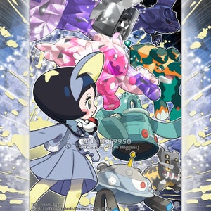 May include: A colorful illustration of a young girl with a blue and black cat-like Pokemon character. The girl is wearing a light blue coat and yellow pants. She is surrounded by various Pokemon characters, including a pink and purple diamond-shaped Pokemon, a green and orange Pokemon, a blue and silver robot-like Pokemon, and a gray and brown Pokemon. The illustration is set against a background of sparkling blue and white.
