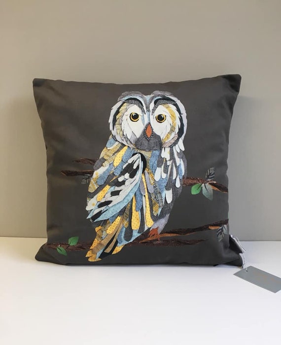 Printed owl cushion (suede)