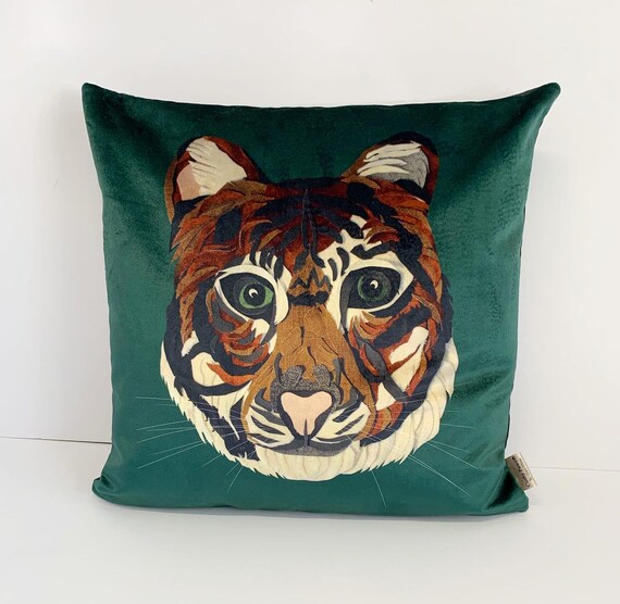 Tiger Cushion cover, Tiger pillow cover, Safari toss pillow, Animal print pillow, Green cushion cover, Luxury Gift