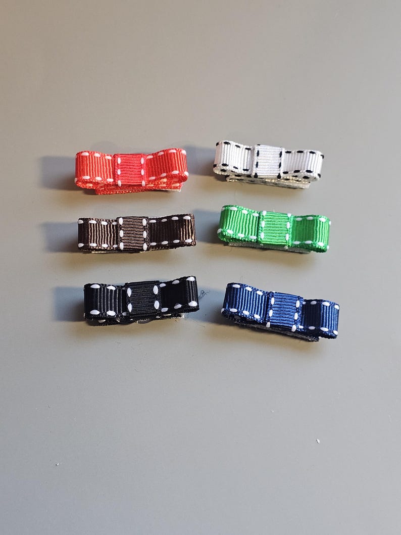 May include: Six small bows with white stitching. The bows are red, brown, green, black, blue, and white.