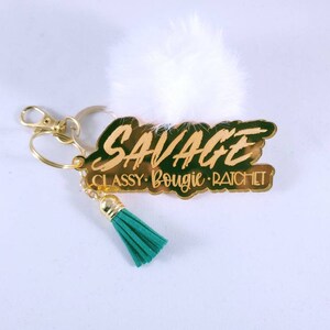 Savage Classy Bougie Ratchet Keychain | Mirror Acrylic Keychain | Bling Keychain | Pompom Keyring | Tassel Keyring