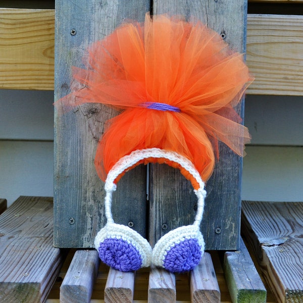 DJ Suki Troll Costume, Trolls Inspired headband, halloween headphones, dress up, orange and purple, hat wig, accessory poppy branch costumes