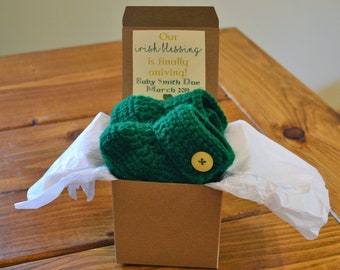IRISH BABY REVEAL booties, pregnancy announcement, irish baby, march gender reveal, st patrick's day baby, handmade baby booties, shoes