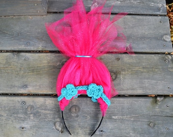Poppy Halloween Costume Trolls Movie Pixar Troll Princess Headband Hat Party Branch Hair, Any size Girls beanie disney dress up pink flowers
