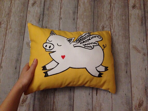 Yellow Flying Pig Pillow Monochrome Flying Pig Cushion Piggy Etsy