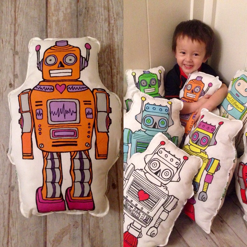 ROBOT fabric orange robot robot pattern cut and sew robot toy diy diy stuffed robot robot pillow panel robot toy kit plushies robot