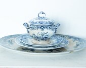 Antique transferware set of 3, soup bowl, 2 large platter, blue transferware, India flowers, 18-19 century, collectible, farmhouse, shabby