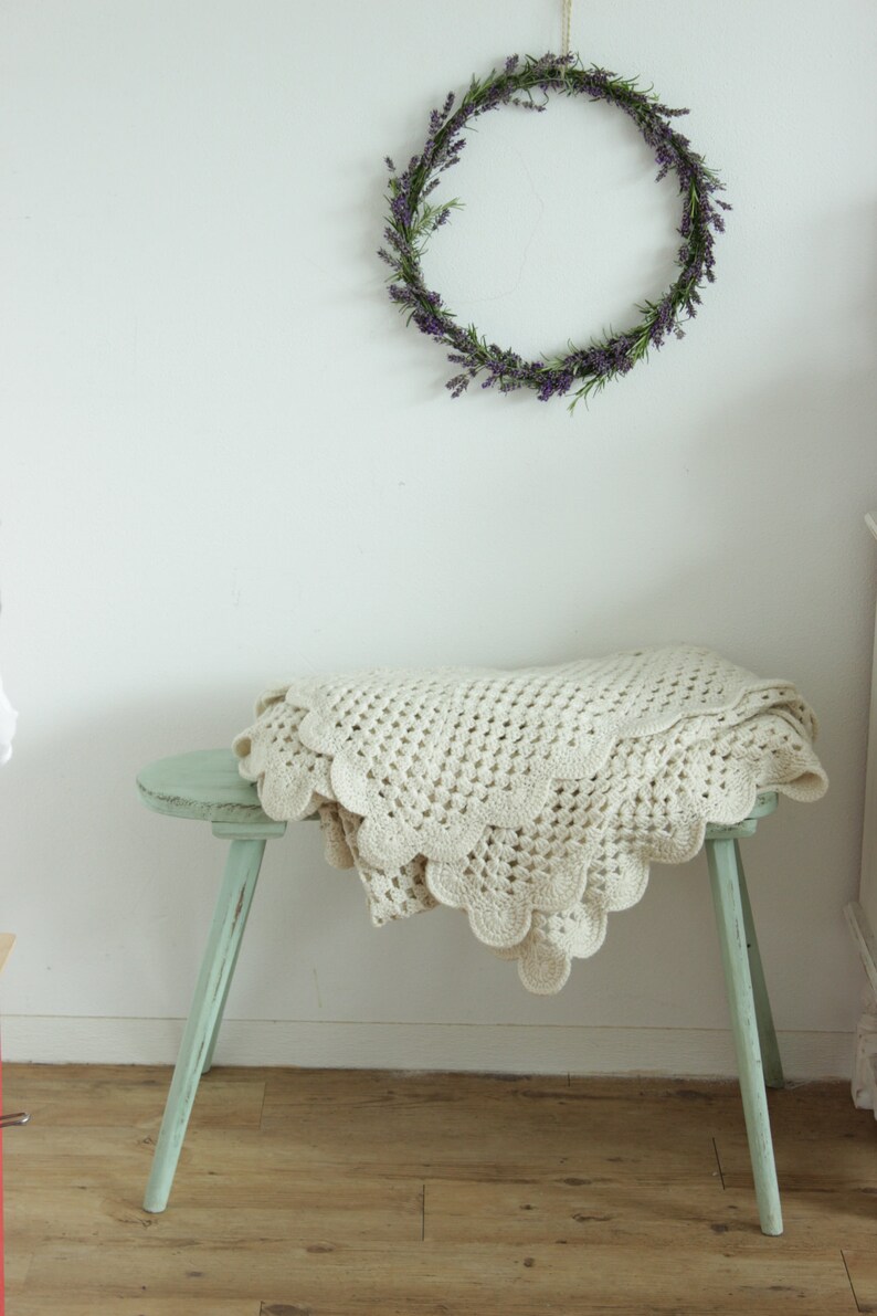 cozy vintage wool blanket cabin home decor Antique warm crocheted blanket wool duvet handmade wool throw off white shabby rustic