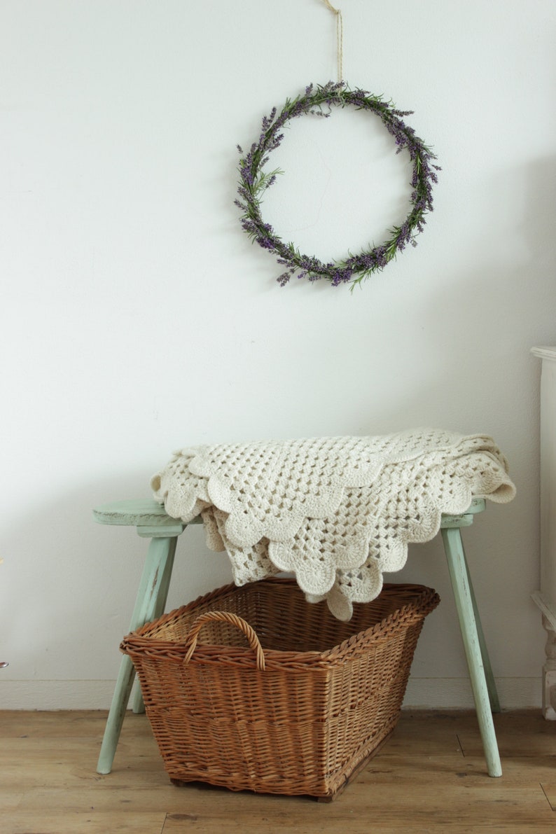 cozy vintage wool blanket cabin home decor Antique warm crocheted blanket wool duvet handmade wool throw off white shabby rustic