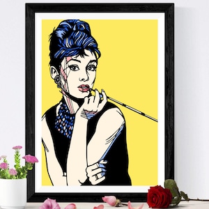 May include: A black and white pop art illustration of a woman with blue hair, wearing a black dress and a pearl necklace, holding a cigarette holder. The background is yellow.