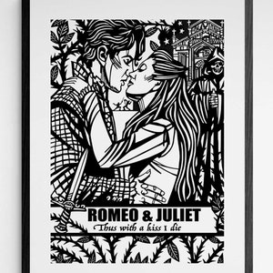 ROMEO AND JULIET print, Black line artwork, William Shakespeare archival quality art prints, Shakespearian tragedy, signed by artist