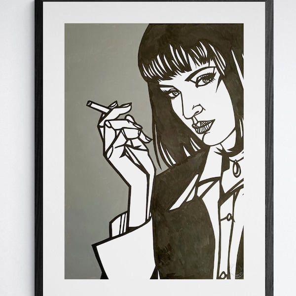 MIA WALLACE Original Ink Drawing,  Pulp Fiction Large scale artwork, ink and acrylic paint, Quentin Tarantino movie wall art,