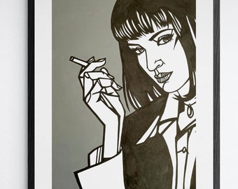 May include: Black and white illustration of a woman with short black hair, wearing a black suit jacket and a white shirt. She is holding a cigarette in her right hand and looking to the side.