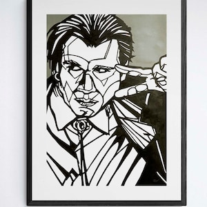 May include: Black and white illustration of a person with a serious expression. The person is pointing a finger at their temple. The background is a light gray.