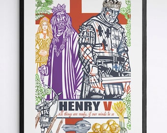 HENRY V print, William Shakespeare archival quality prints, Shakespearian history plays, The Globe, Available in 3 sizes, signed by artist