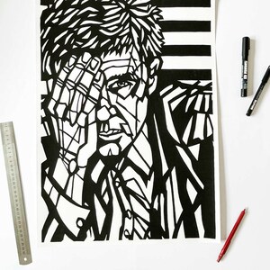 RAYMOND CARVER Original Ink Drawing, large scale artwork, pen and ink original, black and white artwork, A2 size