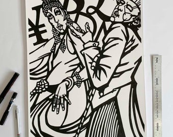 May include: Black and white illustration of two figures, a woman with a feathered headdress and a man wearing a hat, with stylized currency symbols in the background.
