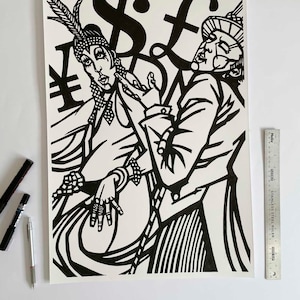 CABARET MONEY MONEY Original Ink Drawing, Bob Fosse musical artwork, Large scale Dance drawing, Life is Cabaret wall decor, Broadway musical