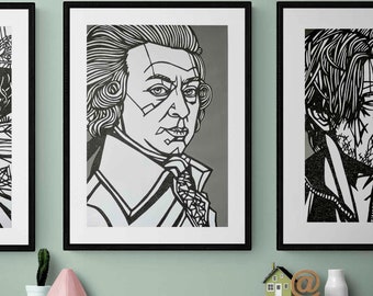 MOZART Ink Drawing,  Large scale artwork, acrylic paint, Classical Music original drawing, Wolfgang Amadeus Mozart home decor