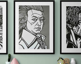 MOZART Ink Drawing, Œuvre d’art à grande échelle, peinture acrylique, dessin original de musique classique, décoration intérieure Wolfgang Amadeus Mozart