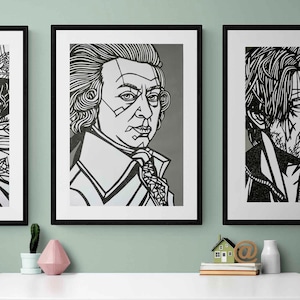 MOZART Ink Drawing,  Large scale artwork, acrylic paint, Classical Music original drawing, Wolfgang Amadeus Mozart home decor