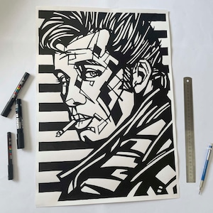 DANNY ZUKO GREASE Original Ink Drawing, John Travolta Large scale artwork, Grease the movie wall decor, Hollywood musicals, 1970s music