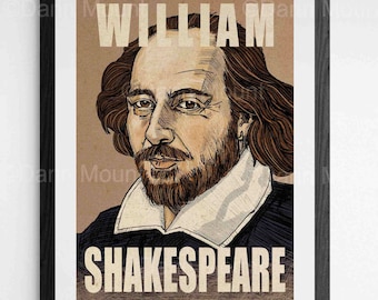 May include: A vintage-style poster featuring a portrait of William Shakespeare. The poster has a brown background with white text that reads "William Shakespeare".