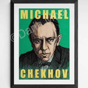 Può includere: Un poster verde e giallo con un'illustrazione in bianco e nero del viso di un uomo. Il testo sul poster recita "MICHAEL CHEKHOV".