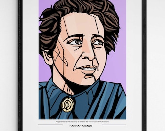 May include: A black and white illustration of Hannah Arendt, a German-born American political theorist, philosopher, and author. The illustration is on a purple background with the quote "Forgiveness is the only way to reverse the irreversible flow of history." and her name below the quote.