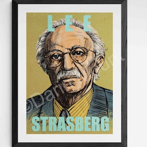 Può includere: Un poster in stile vintage con un'illustrazione in bianco e nero di Lee Strasberg. Il poster ha uno sfondo giallo con il testo "LEE" in azzurro in alto e "STRASBERG" in azzurro in basso.