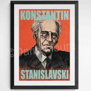 May include: A vintage-style poster featuring a black and white illustration of Konstantin Stanislavski, a Russian actor and director. The poster has a red background with the text "KONSTANTIN STANISLAVSKI" in blue and white.