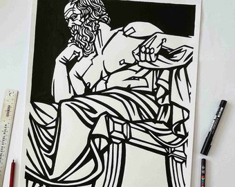SÓCRATES dibujo de tinta original a gran escala, arte en blanco y negro, filosofía griega antigua, decoración del hogar de grandes filósofos,