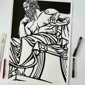 SOCRATES large scale original ink drawing, Black and white artwork, Ancient Greek Philosophy,  Great Philosophers Home Decor,