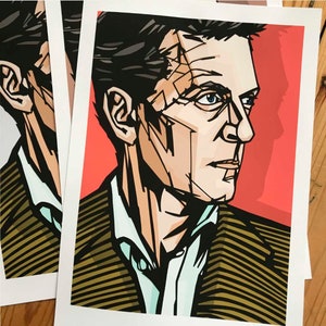 May include: A stylized illustration of a person with short, dark hair. The person is wearing a brown and white striped jacket over a light blue shirt. The background is a solid red color.