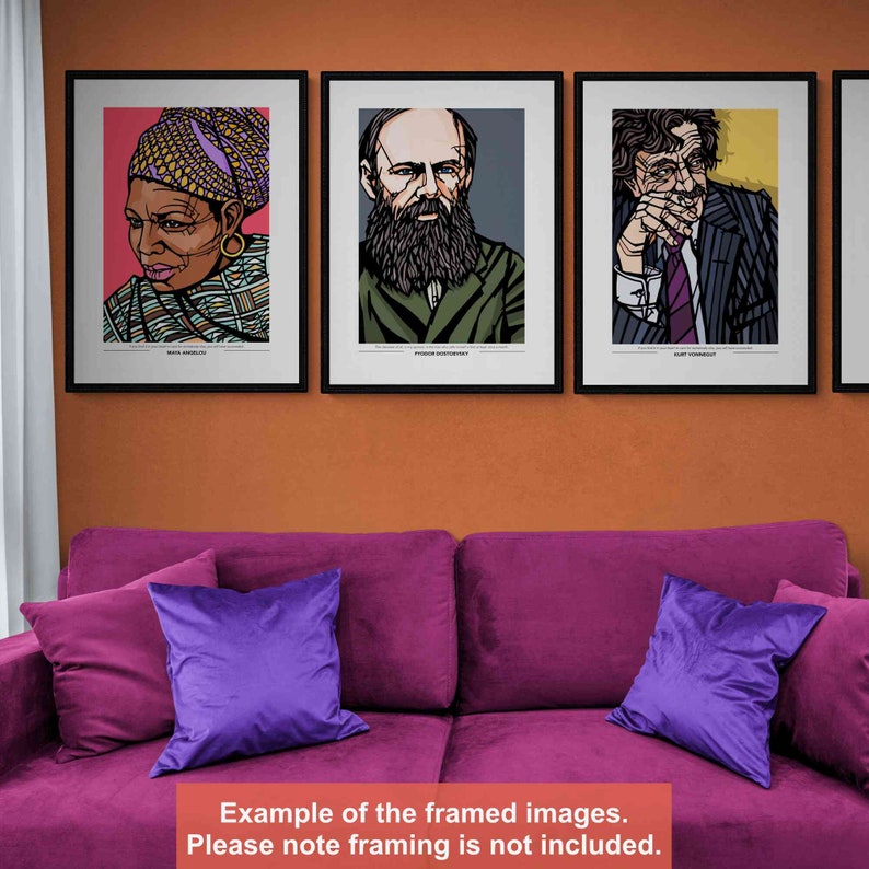 Peut inclure: Trois illustrations en noir et blanc encadr&eacute;es de personnes. Les illustrations sont de style minimaliste avec des lignes &eacute;paisses et des couleurs noir et blanc. Les illustrations sont accroch&eacute;es &agrave; un mur avec un fond orange. Les illustrations repr&eacute;sentent une femme avec un foulard, un homme avec une barbe et un homme avec des lunettes.