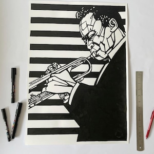 MILES DAVIS Original Ink Drawing,  Large scale artwork, Jazz music, Bebop music, Jazz trumpeter wall decor, Jazz music wall art,
