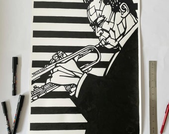 May include: Black and white illustration of a person playing a trumpet. The person is wearing a suit and has a striped background behind them.