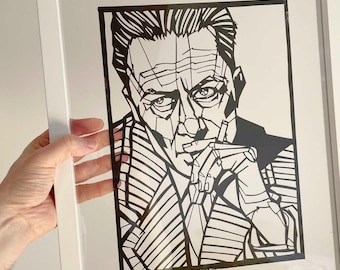 Albert Camus ręcznie wykonana wycinanka papierowa - dostępna w 2 rozmiarach - wycinana ręcznie Nowoczesna filozofia Nowocześni filozofowie