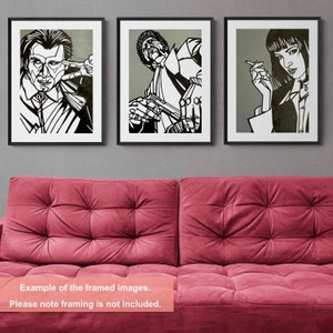 May include: Three black and white framed illustrations of characters from the movie Pulp Fiction. The illustrations are in a minimalist style and feature the characters John Travolta, Samuel L. Jackson, and Uma Thurman.