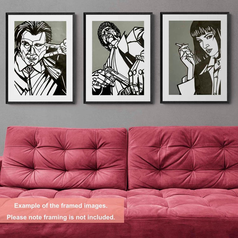 May include: Three black and white framed illustrations of characters from the movie Pulp Fiction. The illustrations are in a minimalist style and feature the characters John Travolta, Samuel L. Jackson, and Uma Thurman.