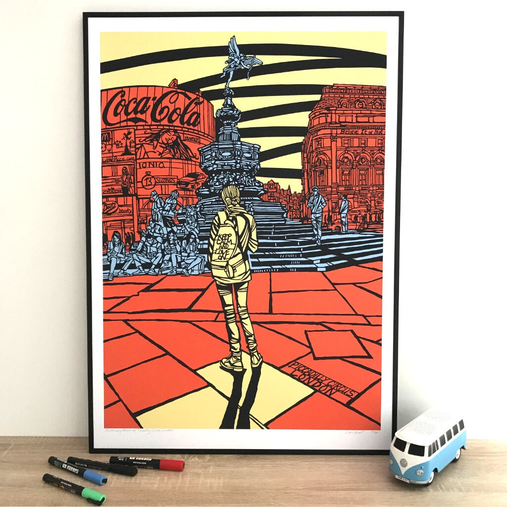 Contemporary Art Print: Piccadilly Circus Fountain, London City prints, Modern print, London Street scene home decor, Available 3 sizes