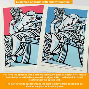 Peut inclure: Deux exemples d'impressions, l'une avec et l'autre sans texte. Les deux impressions pr&eacute;sentent un dessin au trait d'une figure assise avec une barbe et une citation de Socrate : "La seule vraie sagesse est de savoir que l'on ne sait rien."