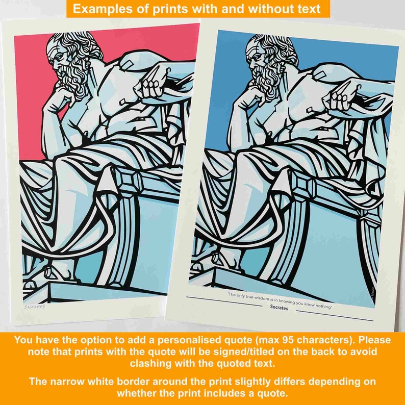 Peut inclure: Deux exemples d'impressions, l'une avec et l'autre sans texte. Les deux impressions pr&eacute;sentent un dessin au trait d'une figure assise avec une barbe et une citation de Socrate : "La seule vraie sagesse est de savoir que l'on ne sait rien."