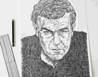 Dibujo a lápiz original de RAYMOND CARVER, Obra de arte a gran escala, Regalo de autor, Escritores estadounidenses, Se adapta al tamaño de marco estándar, Regalo para amantes de los libros