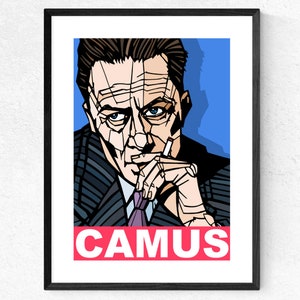 Albert Camus Art Print Typography Print Famous Writers and Philosophers Literature print, Philosophy graduate gift, Available 3 sizes Blue Background