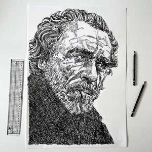CHARLES BUKOWSKI original Bleistiftzeichnung, großformatige Malerei, passt in Standardrahmen, literarische Wandkunst, Geschenk für Poesie