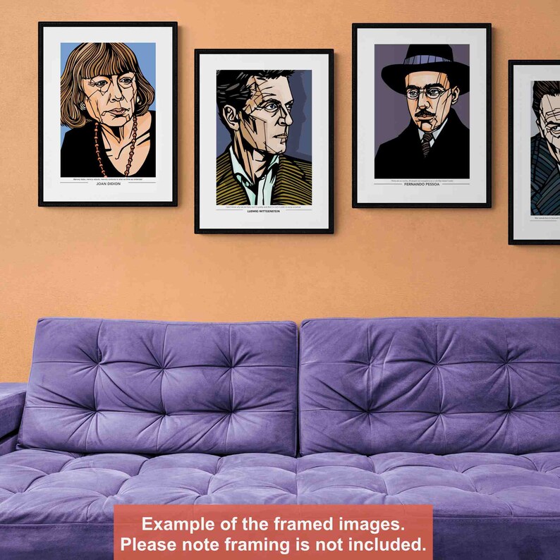 May include: Four framed illustrations of famous authors, including Fernando Pessoa, Jo&atilde;o Guimar&atilde;es Rosa, James Joyce, and Joan Didion. The illustrations are in a black frame and are displayed on a wall above a purple couch.